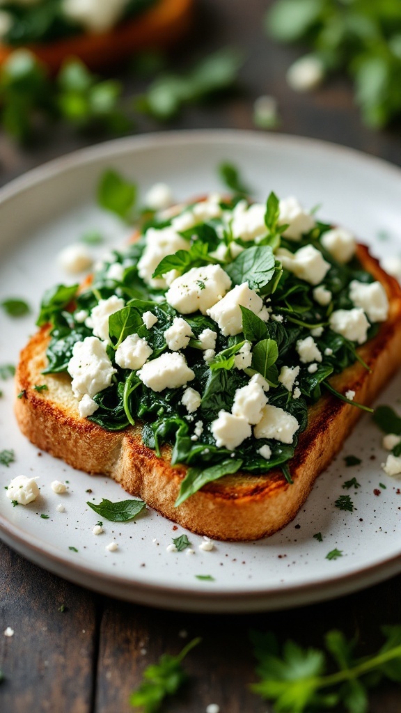 Savory spinach and feta toast with fresh herbs on a plate.