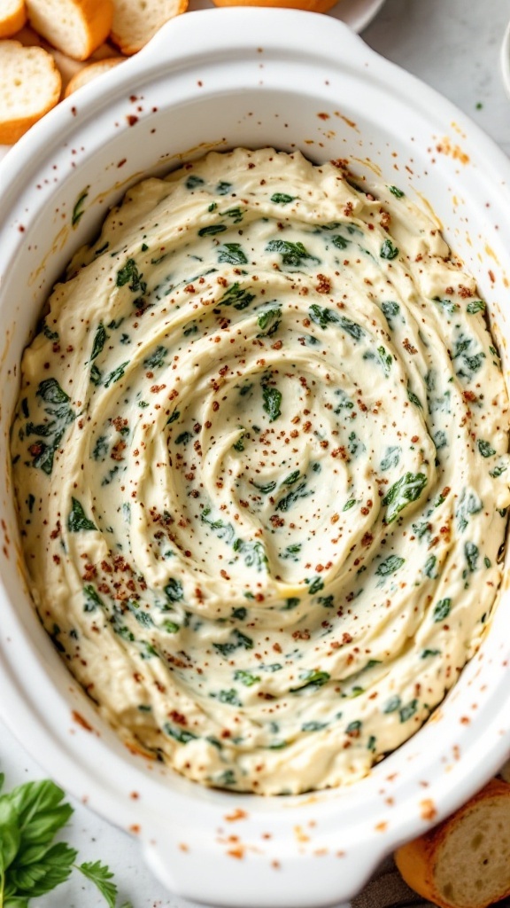 Creamy spinach artichoke dip in a crockpot, ready for game day.