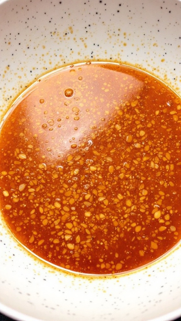 A bottle of teriyaki marinade with sesame seeds in a bowl.