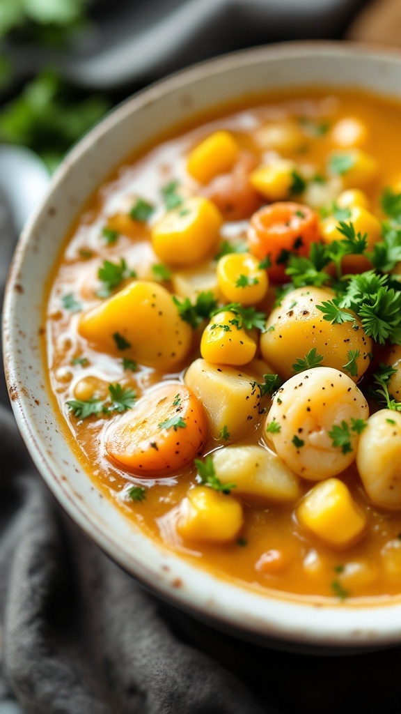 A delicious bowl of seafood chowder with corn, garnished with parsley.