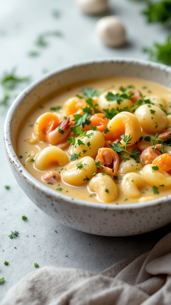 Bowl of Seafood Gnocchi Soup with Fennel topped with parsley