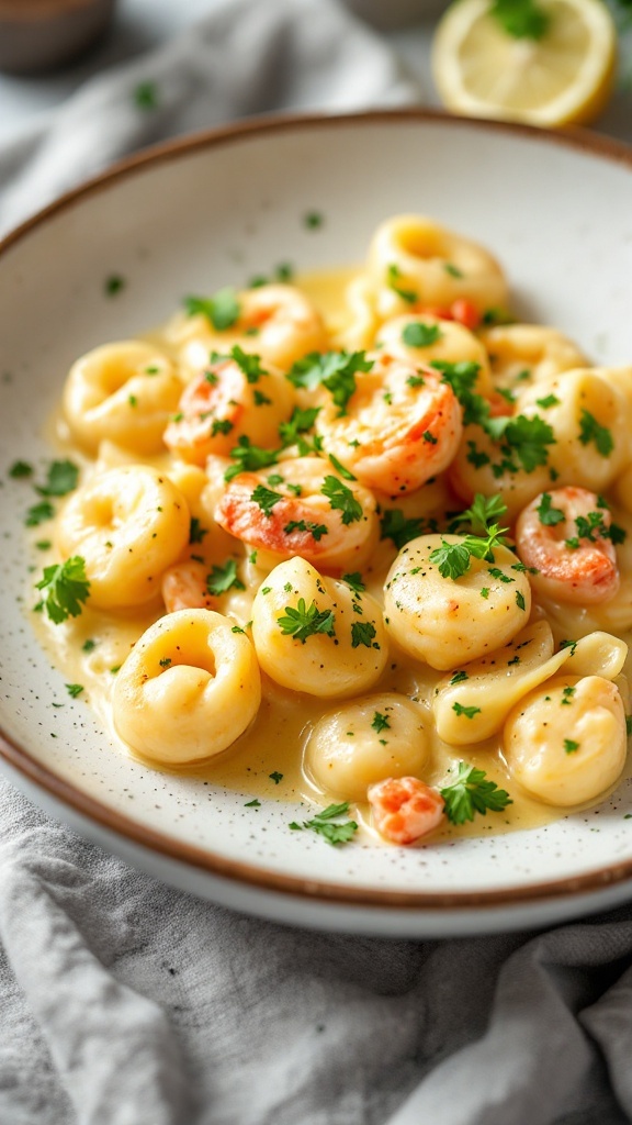A plate of Seafood Gnocchi with Lobster Cream Sauce garnished with parsley.