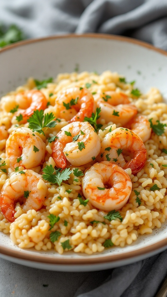 A delicious plate of seafood risotto topped with shrimp and scallops