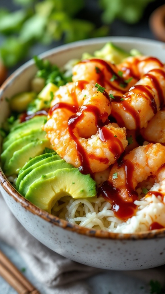 A delicious shrimp tempura bowl with avocado and greens