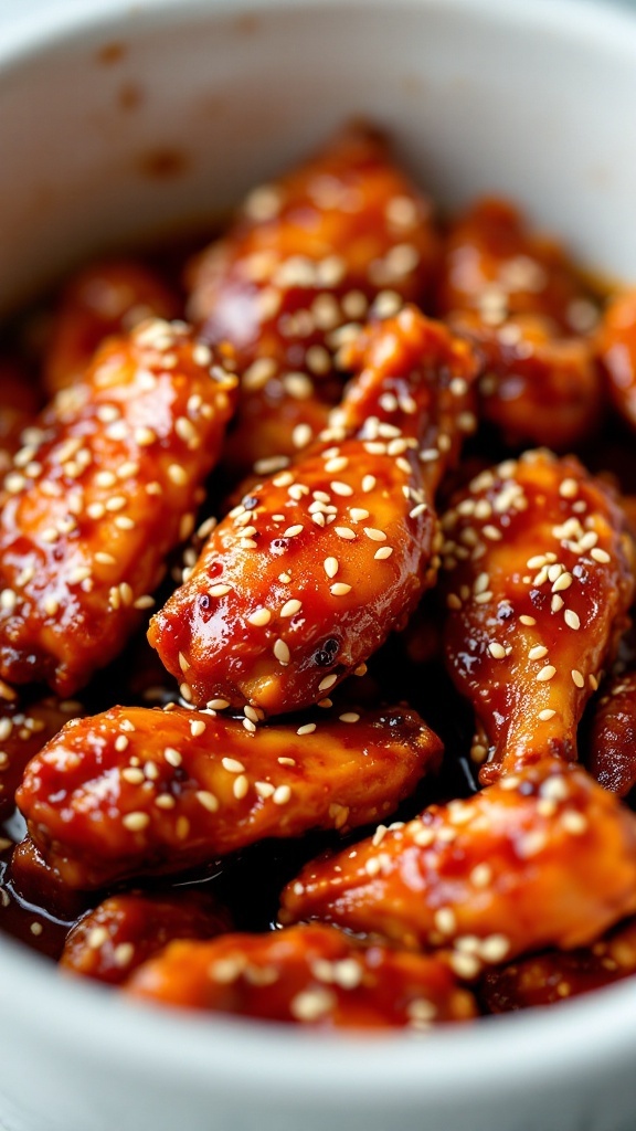 Sichuan Spicy Chicken Wings in a bowl topped with sesame seeds.