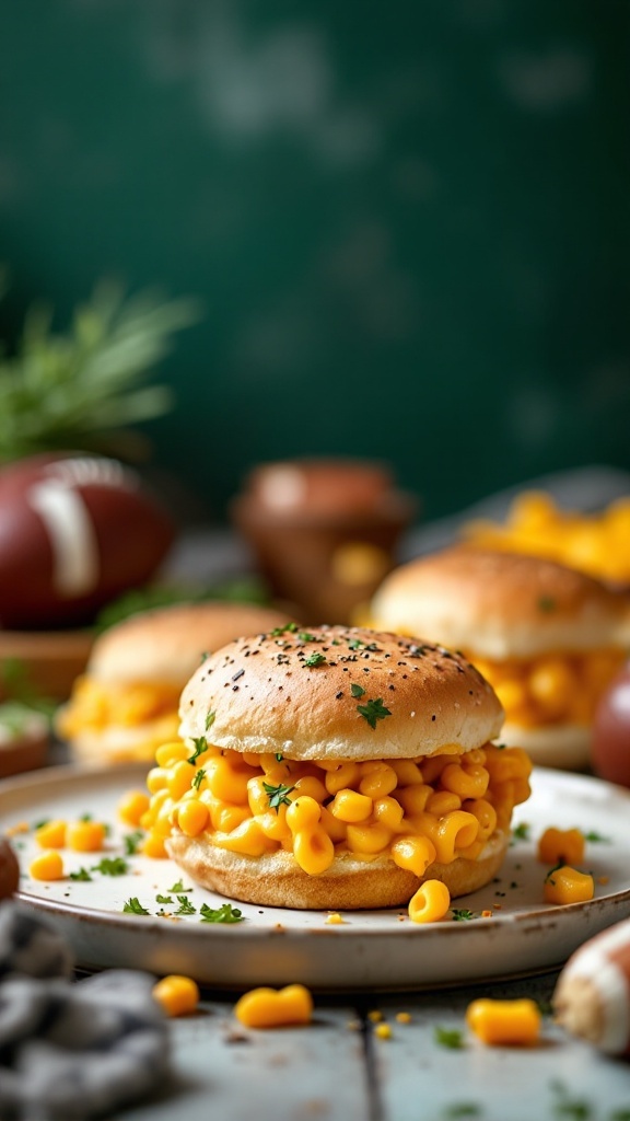 Delicious mac and cheese sliders on a plate, garnished with parsley.