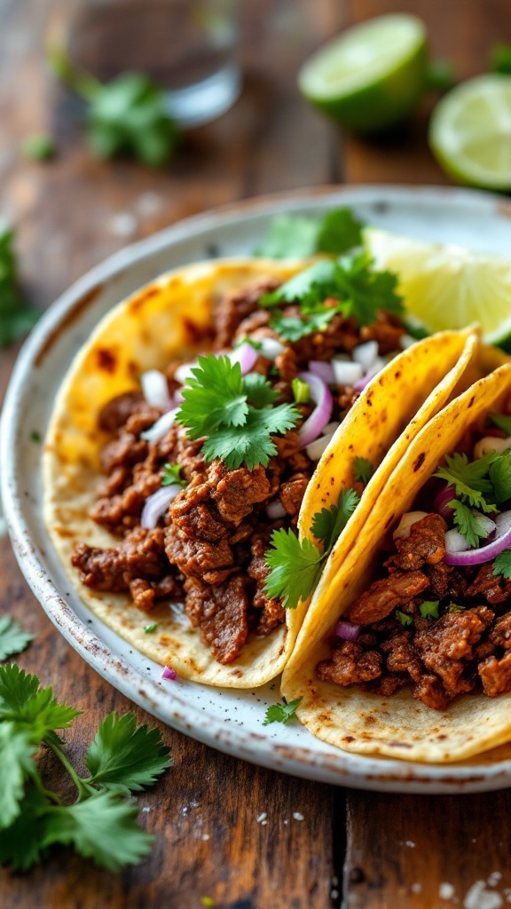 Slow-cooked beef barbacoa tacos with toppings