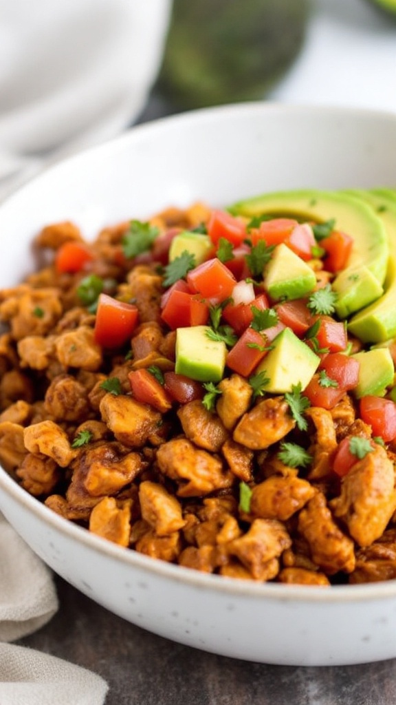 A bowl of Slow-Cooked Chipotle Chicken served with rice, fresh tomatoes, and avocado slices.