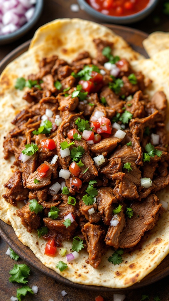 Slow-cooked pork carnitas served with fresh toppings and tortillas.