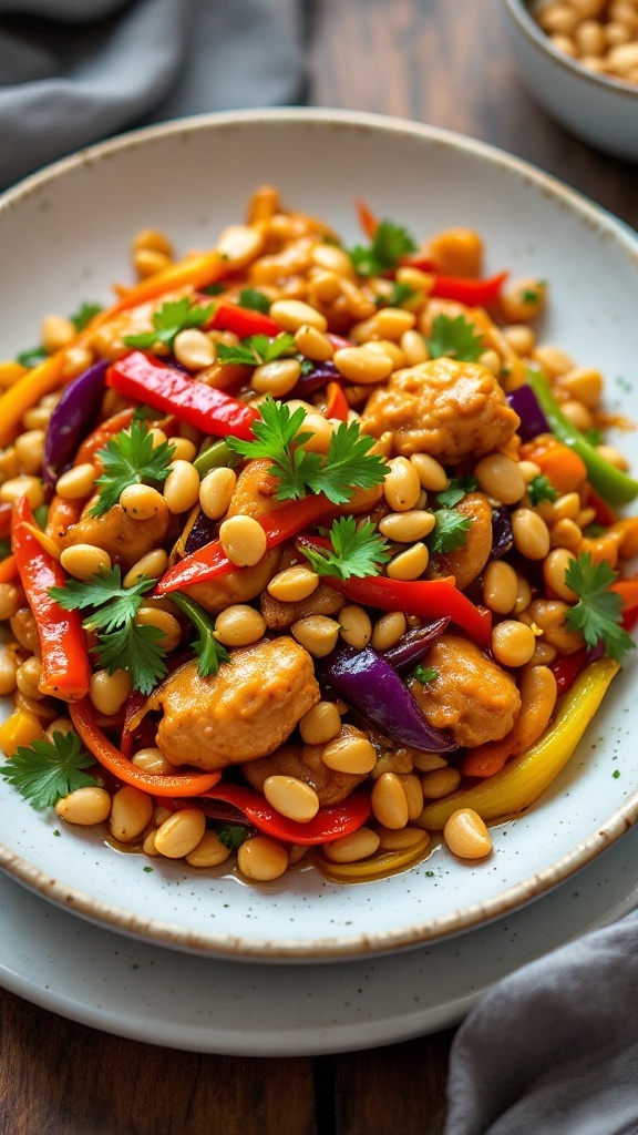 A plate of Kung Pao Chicken with vibrant vegetables and peanuts