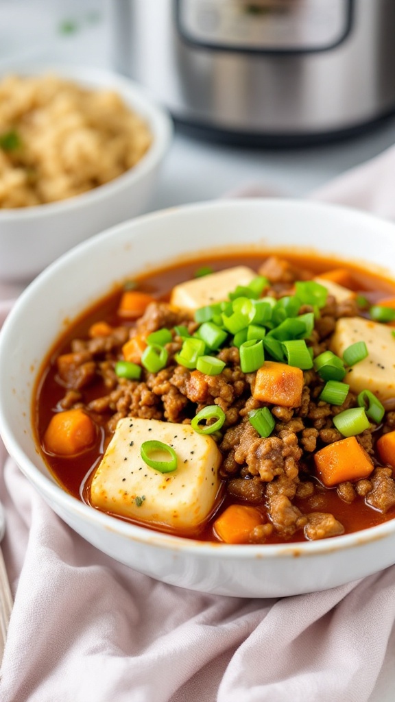 Bowl of Mapo Tofu with green onions on top, served with rice.