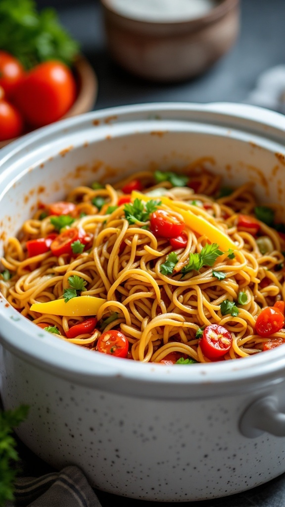 A bowl of vegetable lo mein with colorful veggies and noodles