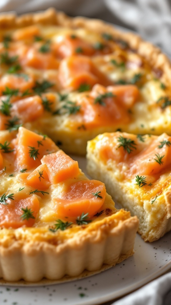 A slice of crustless smoked salmon and dill quiche on a plate, garnished with fresh dill.