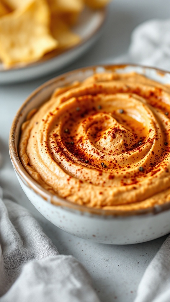 A bowl of creamy smoky chipotle hummus topped with paprika.