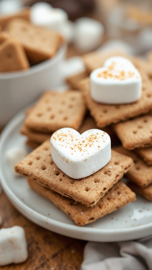 A delightful s'mores bar setup with heart-shaped marshmallows on graham crackers.