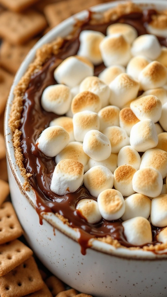 A bowl of s'mores dip with melted chocolate and toasted marshmallows served with graham crackers.