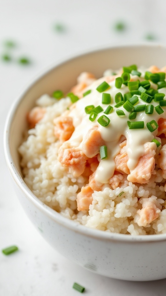 A creamy crab bowl with rice and chives