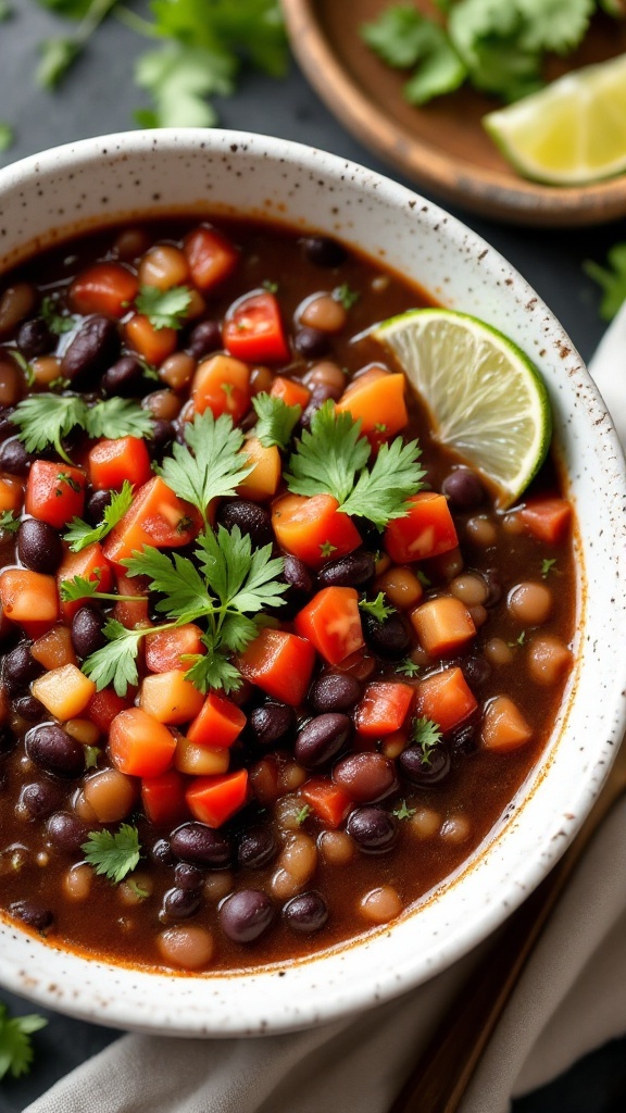 A bowl of Southwestern Black Bean Soup topped with colorful peppers and cilantro.