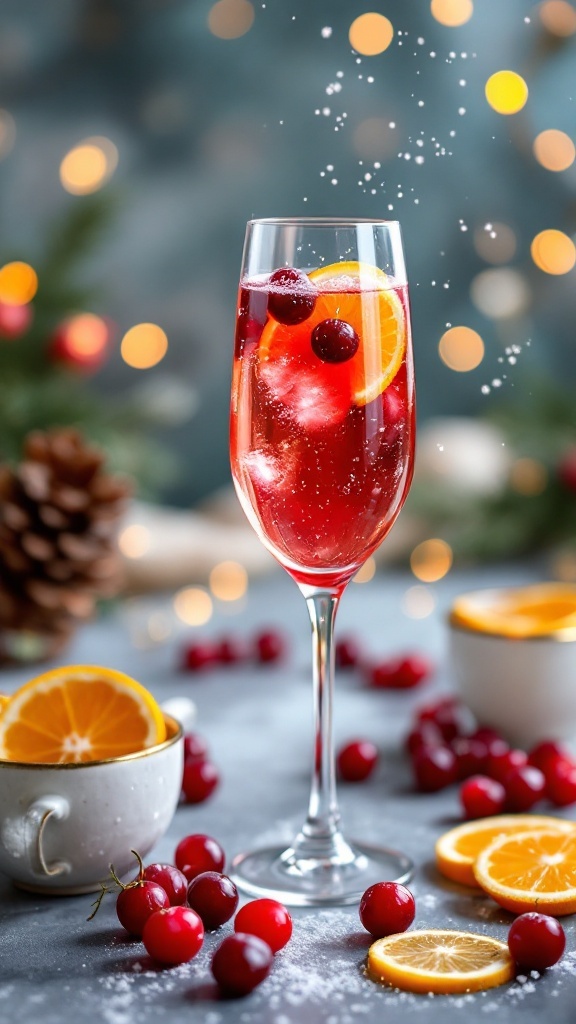 A sparkling cranberry mimosa in a glass with cranberries and oranges.