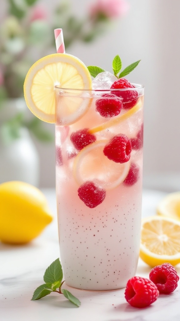 A glass of sparkling raspberry lemonade garnished with lemon slices and raspberries