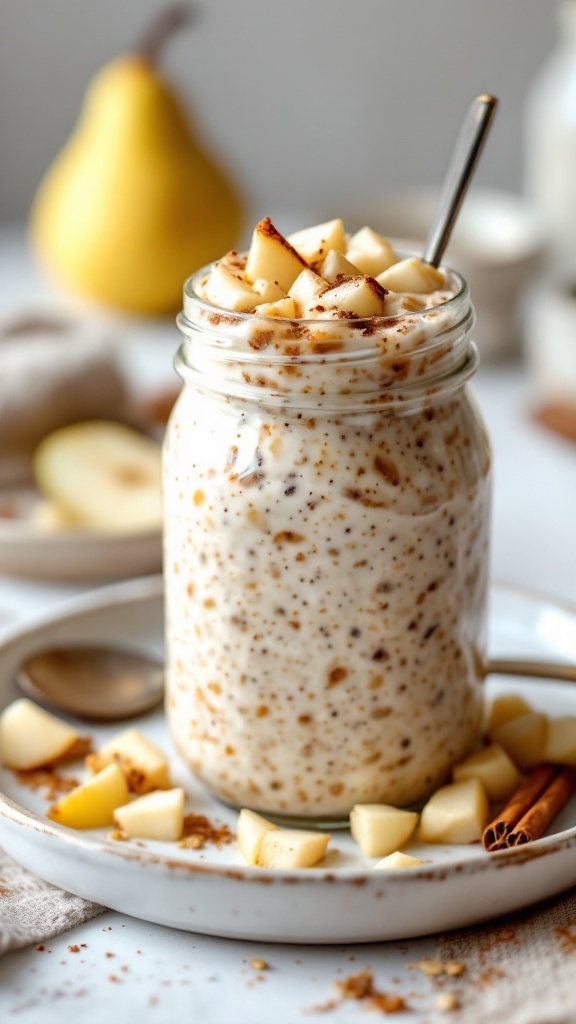 A jar of spiced pear overnight oats topped with diced pears and sprinkled with cinnamon.