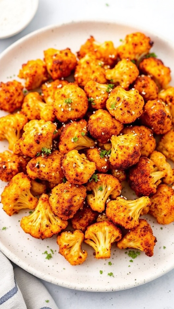 Spicy air fryer cauliflower bites served with dipping sauce.