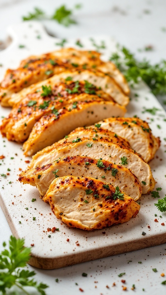 Sliced spicy air fryer chicken breast on a cutting board garnished with parsley.