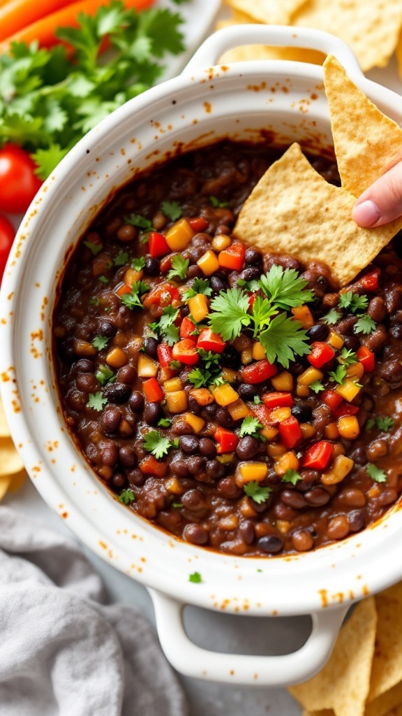 A bowl of spicy black bean dip with colorful peppers and cilantro, served with tortilla chips.