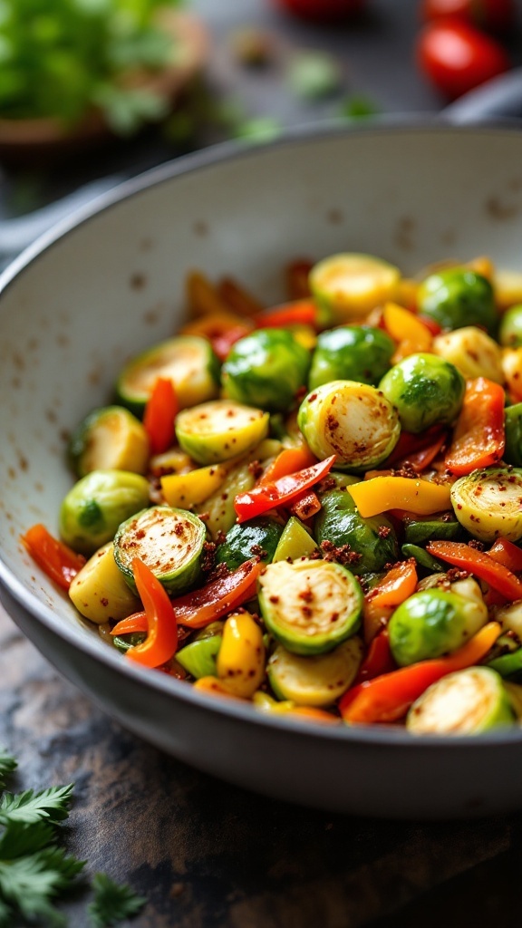 A colorful bowl of spicy Brussels sprouts stir-fry with bell peppers and garlic.