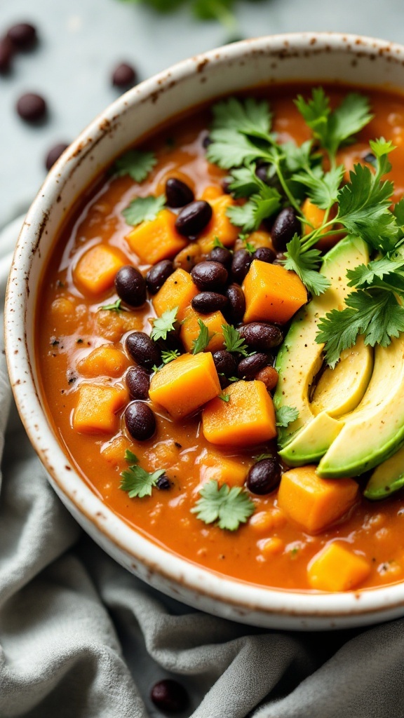 A bowl of Spicy Butternut Squash and Black Bean Soup topped with avocado and cilantro.