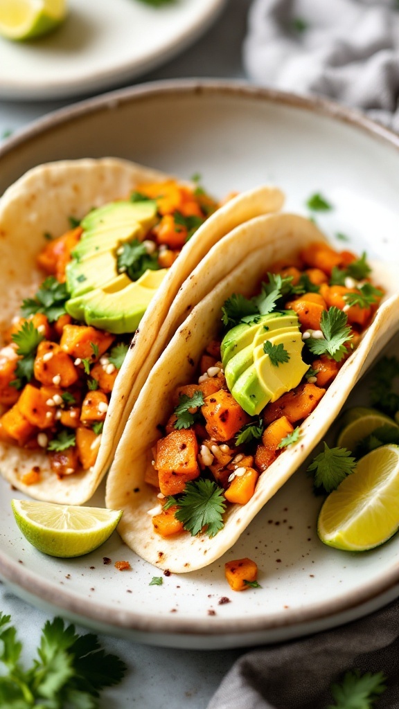 Spicy butternut squash tacos with avocado and lime