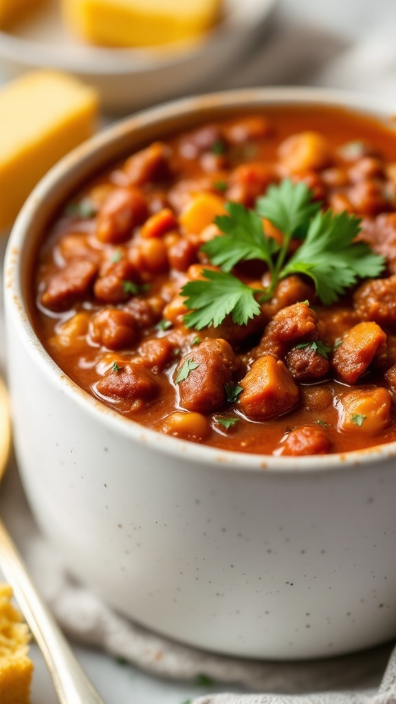 Bowl of Spicy Chili Con Carne with beans and herbs