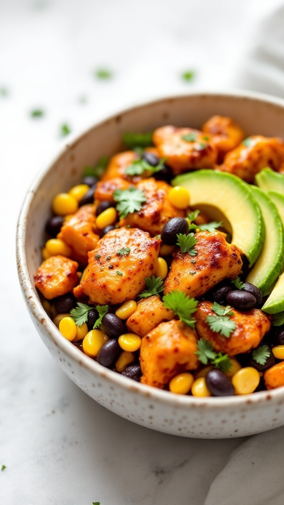 A bowl of spicy chipotle chicken served with corn and black beans.