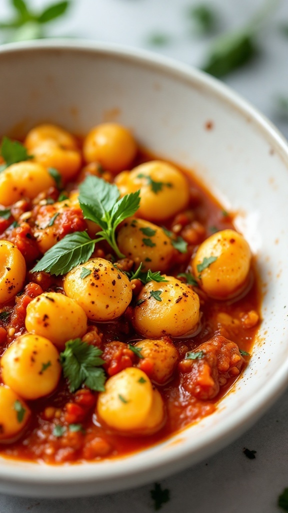 A bowl of Spicy Gnocchi Arrabbiata garnished with fresh herbs.