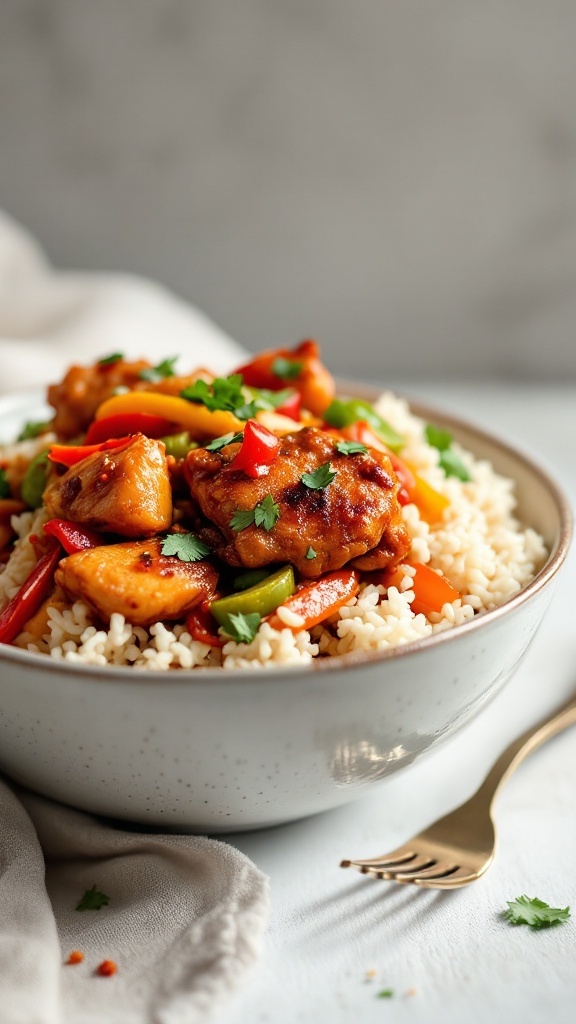 A bowl of spicy gochujang chicken stir-fry with colorful vegetables over rice.