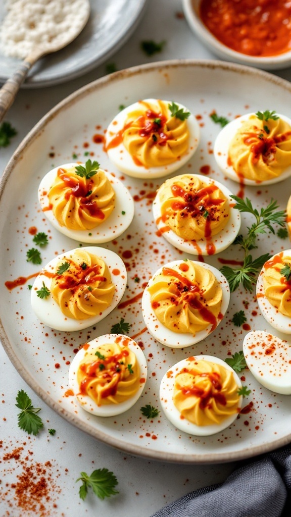 Deviled eggs with gochujang and sriracha topping