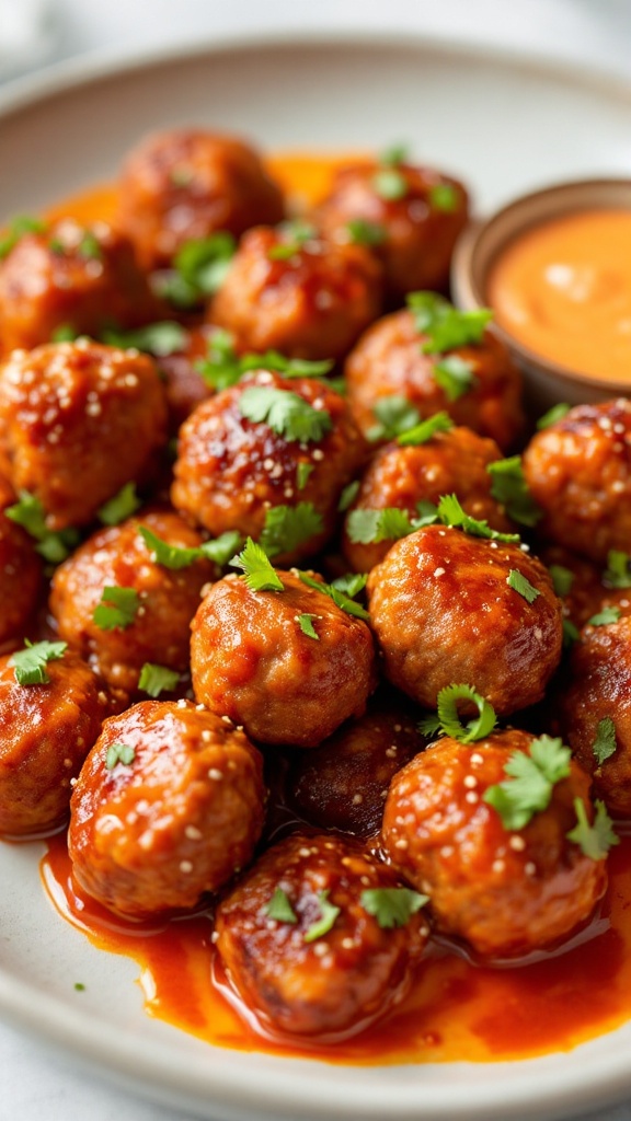 Plate of spicy gochujang meatballs garnished with cilantro