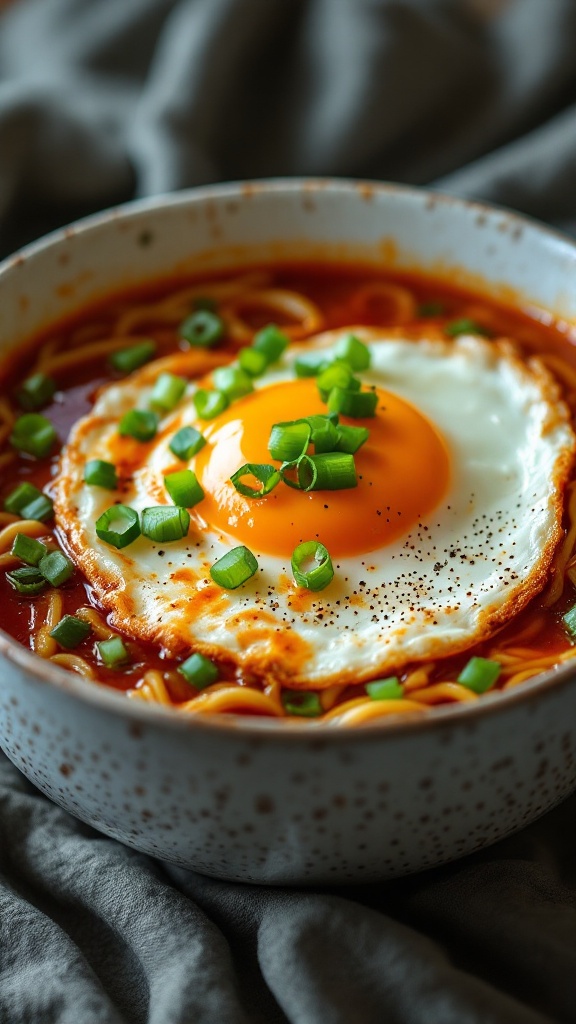 A bowl of spicy gochujang ramen topped with a fried egg and green onions, emitting steam.