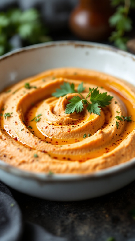 A bowl of spicy harissa hummus topped with olive oil and herbs, served with pita chips.