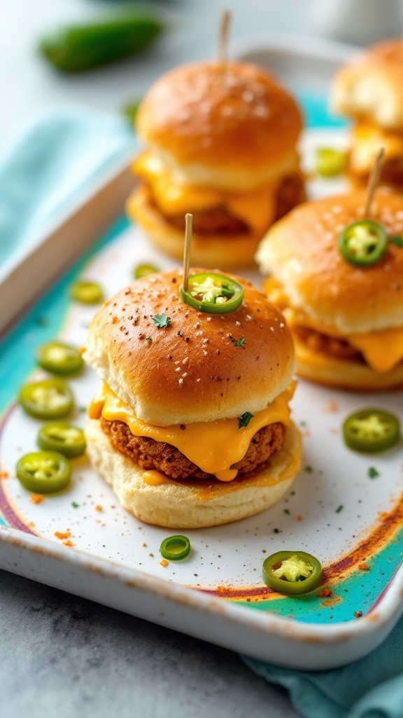 Plate of spicy jalapeño popper sliders with cheese and jalapeño slices on top.