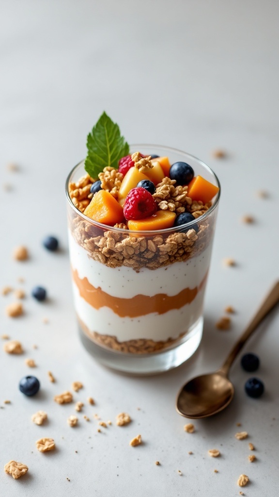 Spicy Kimchi Yogurt Parfait with granola and fresh fruits