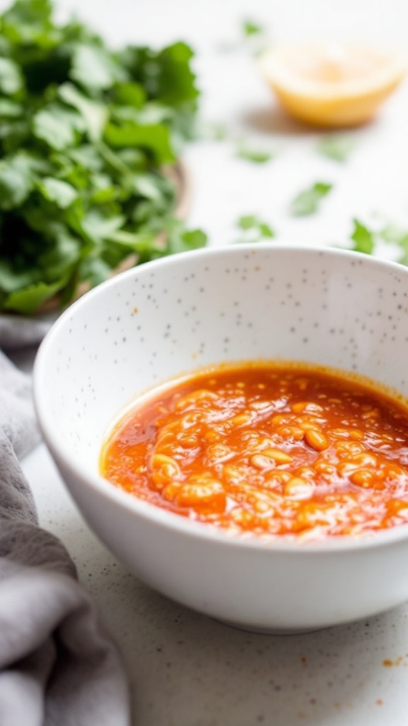 Bowl of spicy gochujang marinade with garlic and seeds