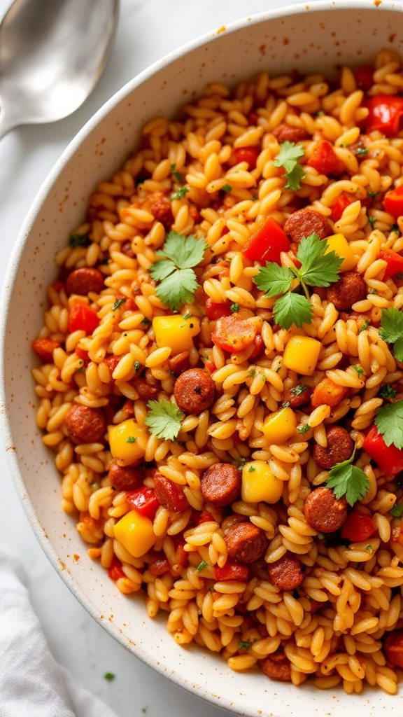 A colorful bowl of spicy orzo with chorizo and bell peppers garnished with fresh herbs.