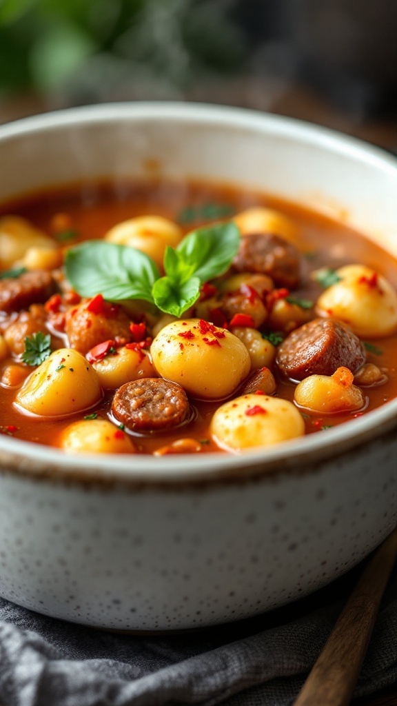 A bowl of spicy sausage and gnocchi soup garnished with basil and red pepper flakes.