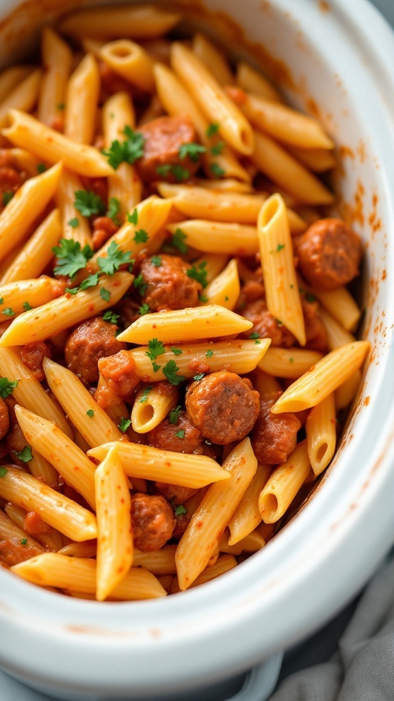 A bowl of spicy sausage penne pasta with a rich sauce and fresh herbs.