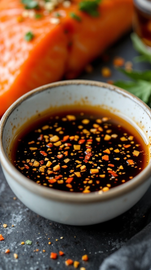 A bowl of spicy soy sauce marinade with ginger, perfect for salmon.