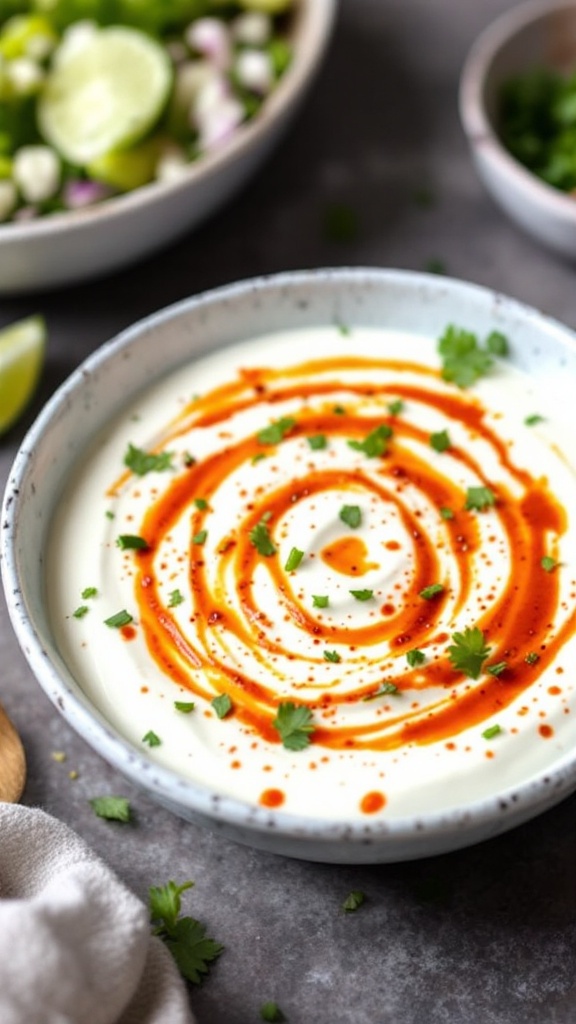 A bowl of spicy yogurt dressing with Sriracha on top, surrounded by fresh chili peppers.