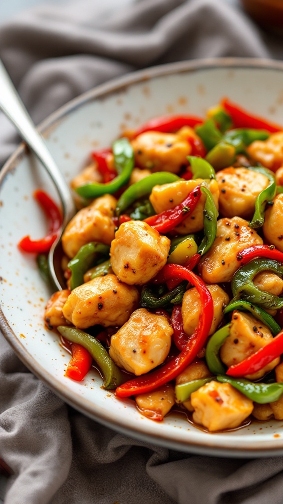 A vibrant dish of Spicy Szechuan Chicken with Peppers in a pan.