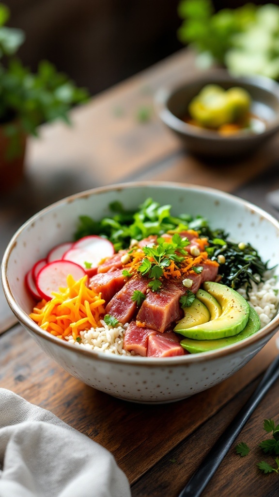 A colorful spicy tuna poke bowl featuring sushi rice, diced tuna, avocado, and fresh vegetables.