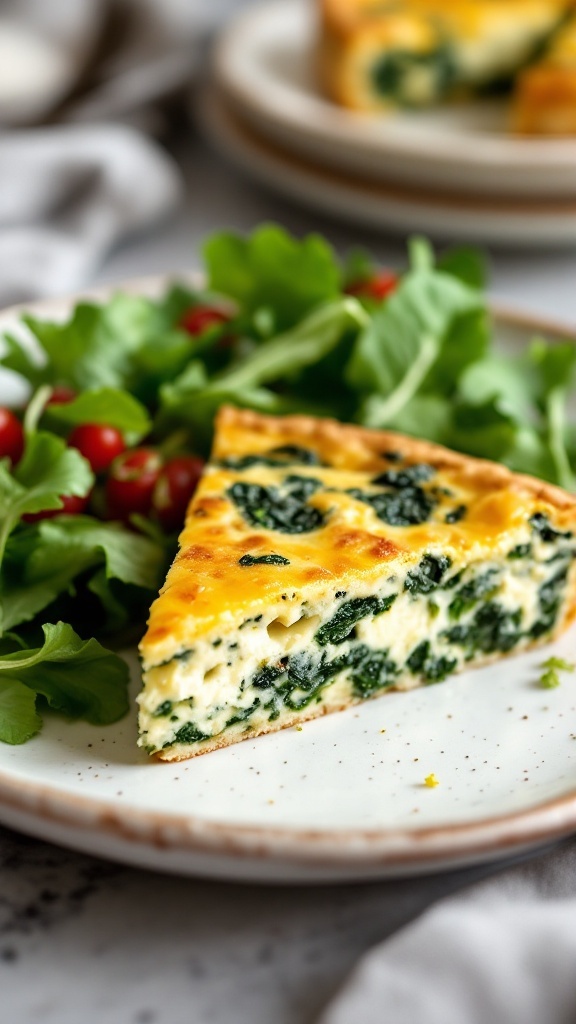 A slice of spinach and feta cottage cheese quiche on a plate with a side salad.